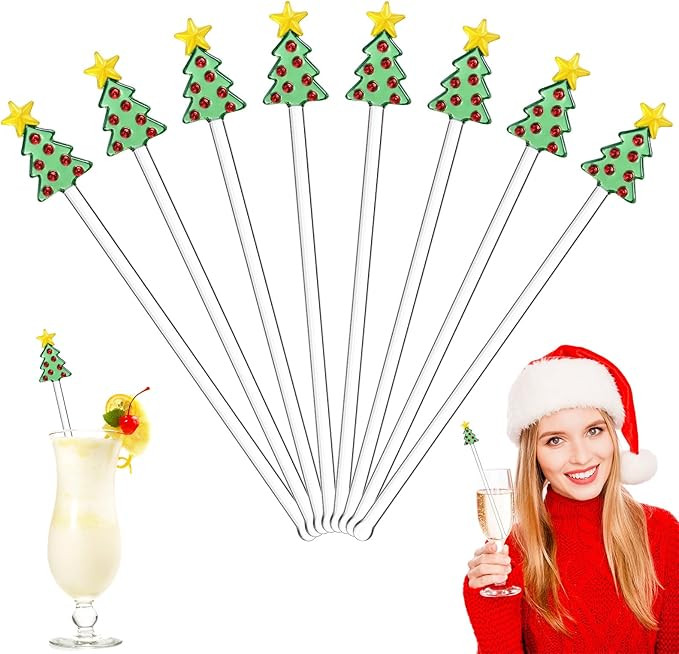 Pickmesh 8 Pcs Christmas Drink Stirrers Glass Christmas Tree Cocktail Stirrers Reusable Stir Swiz... | Amazon (US)