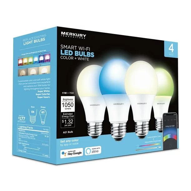 Merkury Innovations Dimmable 75W Equivalent Wi-Fi Smart Bulb, Color, (4 Pack) - Walmart.com | Walmart (US)