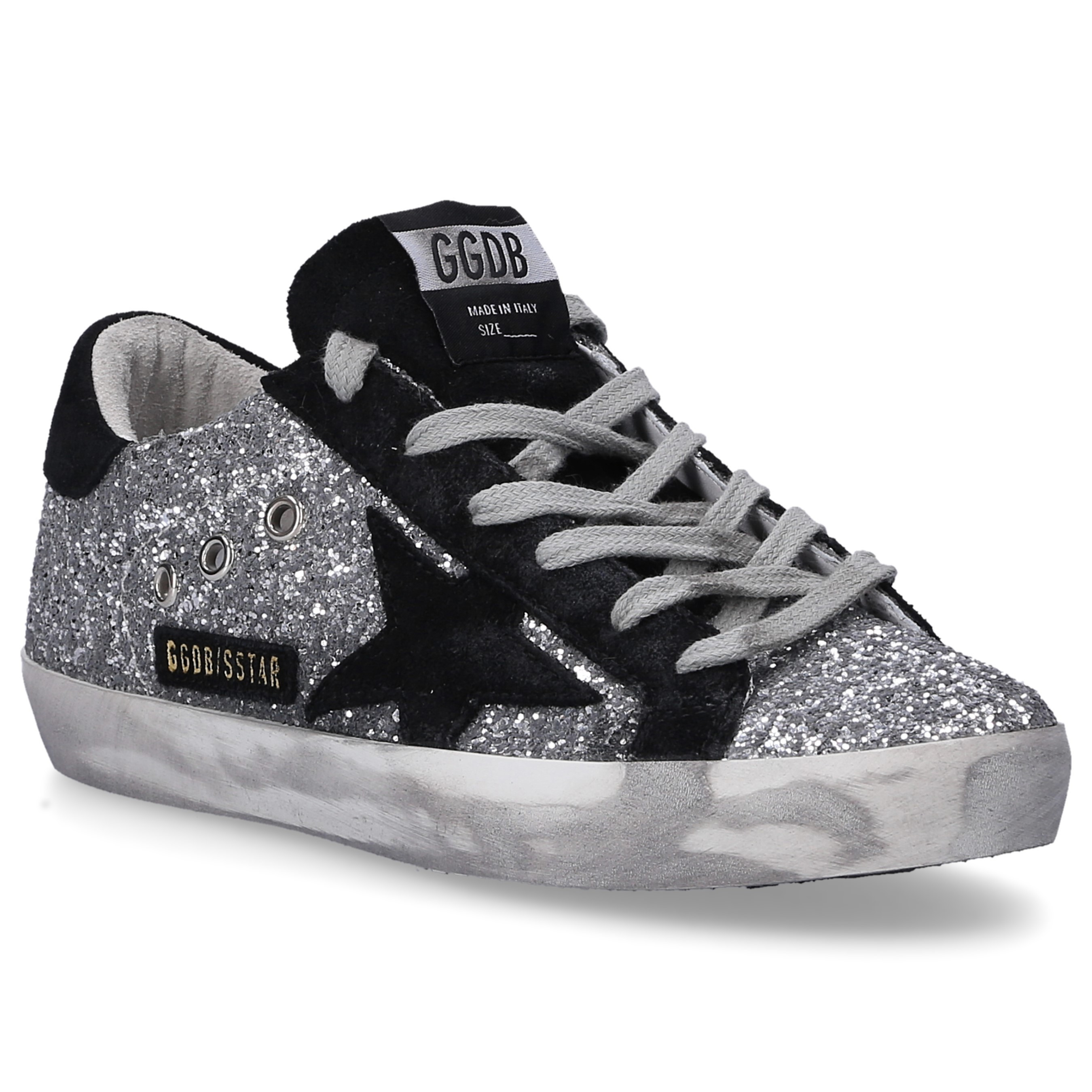 Golden Goose Low-Top Sneakers SUPERSTAR  glitter suede Logo black silver | Budapester.com