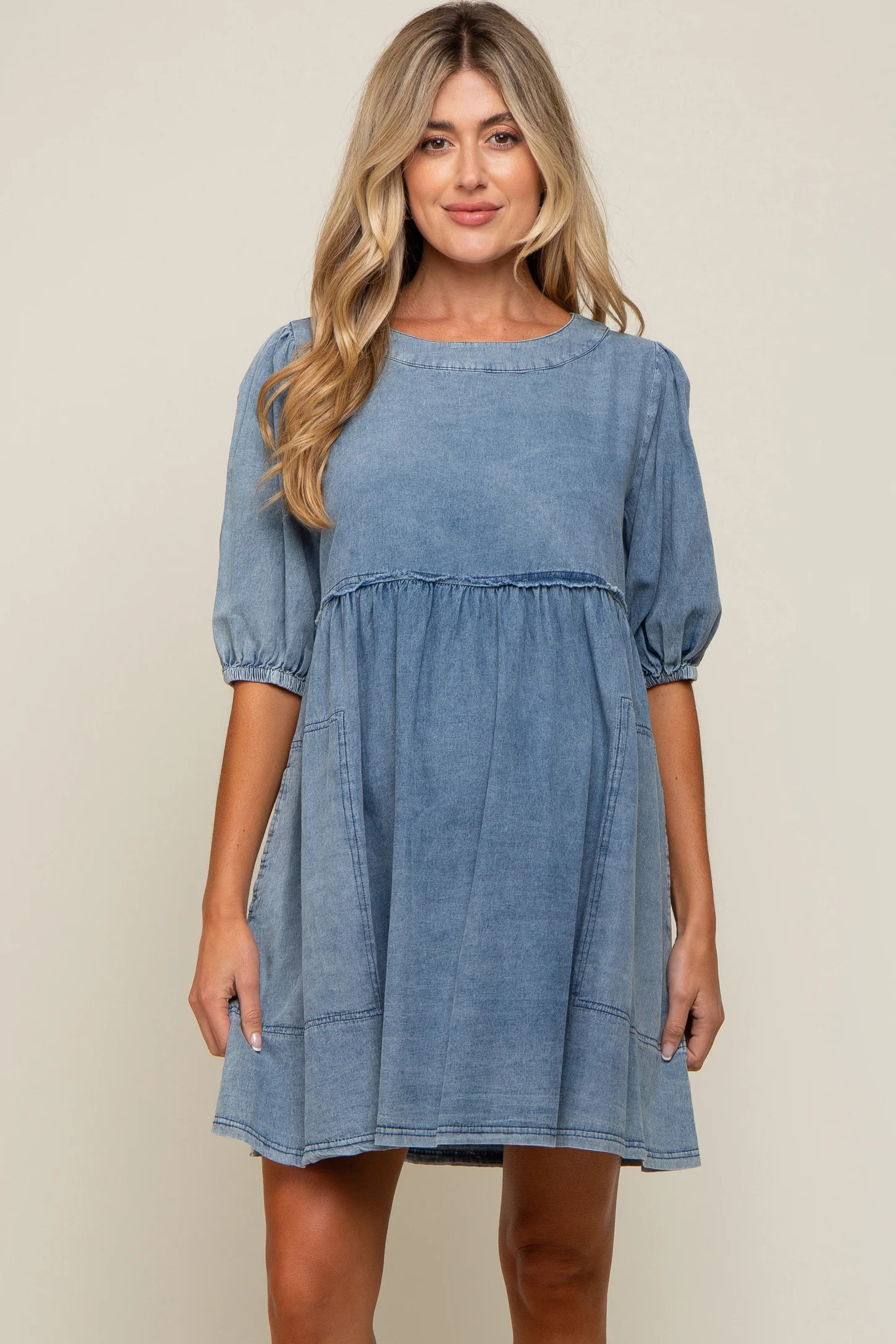 Blue Faded Denim Chambray Maternity Mini Dress | PinkBlush Maternity