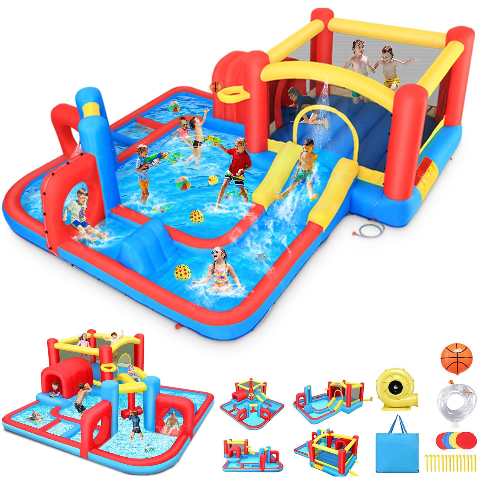 Inflatable Water Slide Bounce House, 14.3x14.3FT Maze Waterpark Obstacle Course w/Jump Area, Spla... | Amazon (US)
