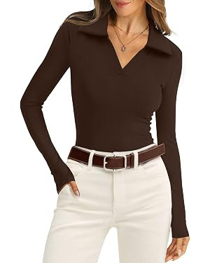 WIHOLL Womens Polo Shirts Long Sleeve Business Casual Tops Collared V Neck Ribbed Knit Sweater Sl... | Amazon (US)