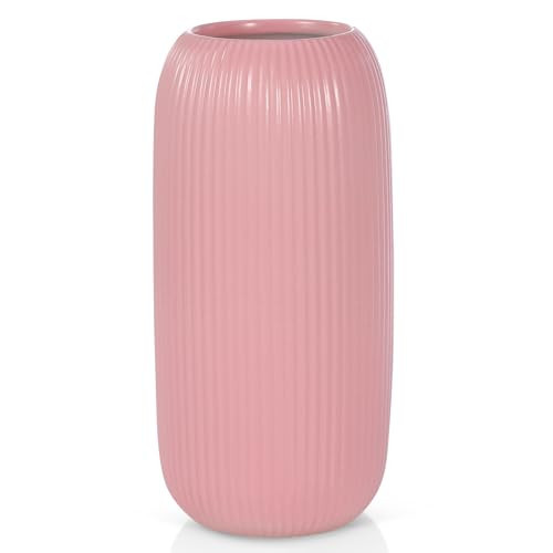 Pink Ceramic Vase for Flowers, 8 INCH Modern Small Ribbed Textured Pink Flower Vase for Home Decor, Pampas Grass, Decorative, Farmhouse, Coffee Table, Bookshelf and Home Living | Amazon (US)