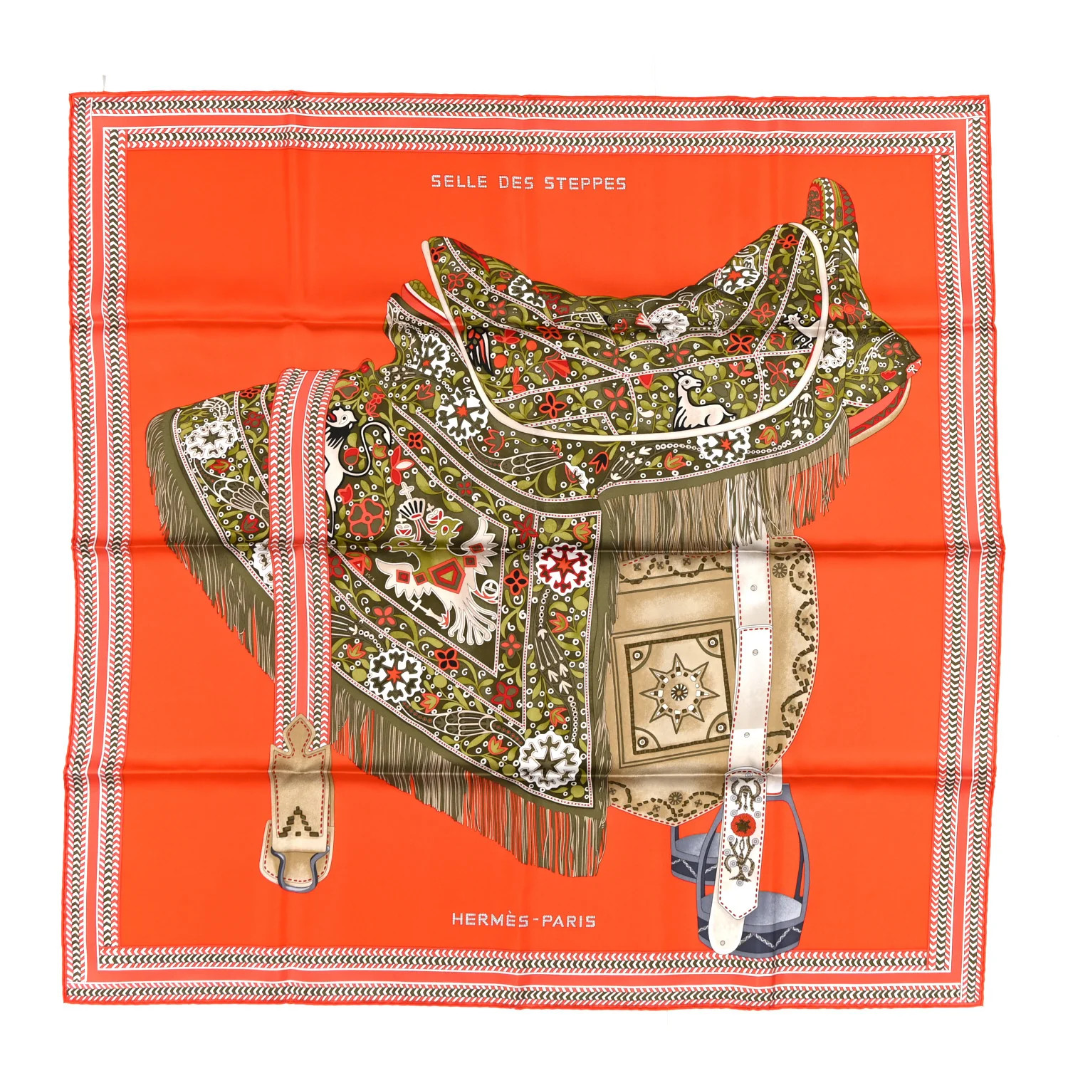 Hermes Silk Selle Des Steppes Scarf 90 Orange Kaki Corail 1893683 | FASHIONPHILE (US)
