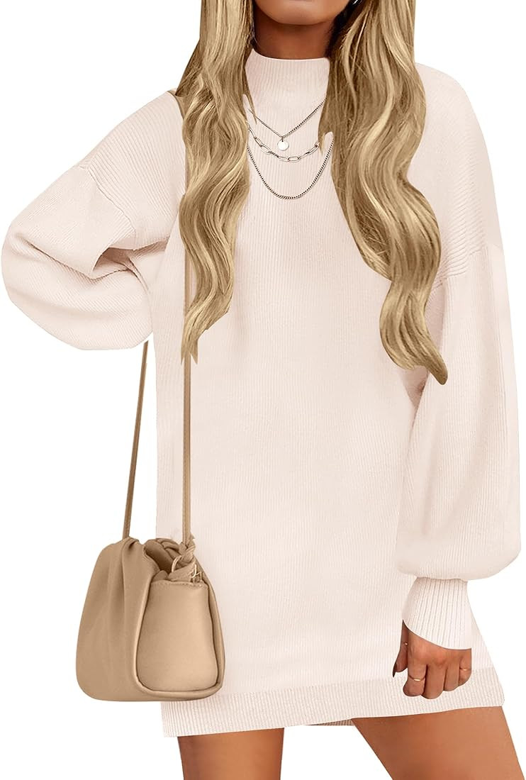 ZESICA Women's Spring Turtleneck Sweaters Dress Oversized Long Lantern Sleeve Casual Knit Pullove... | Amazon (US)