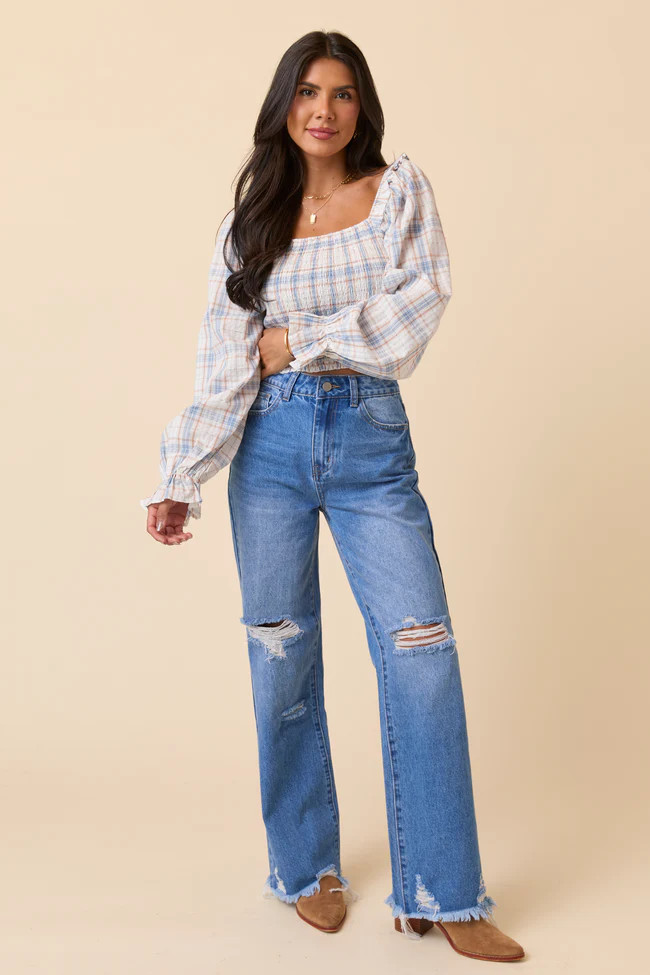 Ariel Medium Wash Distressed Wide Leg Jeans | Pink Lily