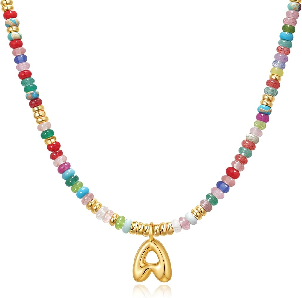 YOUFENG Initial Letter Necklaces for Women Colorful Beaded Gemstone Choker 14K Gold Plated Bubble... | Amazon (US)