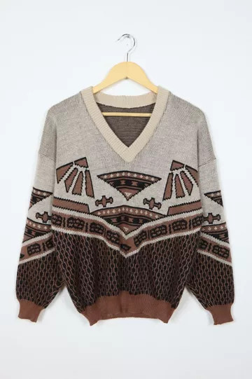 Vintage V-Neck Patterned Sweater | Urban Outfitters (US and RoW)