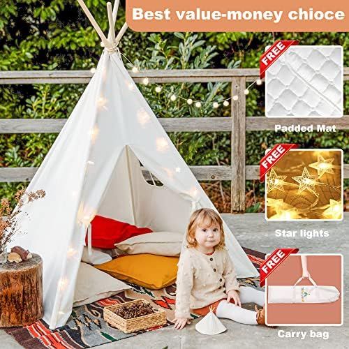 Tiny Land Kids Teepee Tent with Mat & Light String & Carry Case, Foldable Play Tent - Kids Tent I... | Amazon (US)