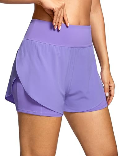 Women's 2 in 1 Running Shorts - High Waisted Lightweight Athletic Workout Gym Yoga Shorts Spandex Liner with Pockets Lilac M | Amazon (US)