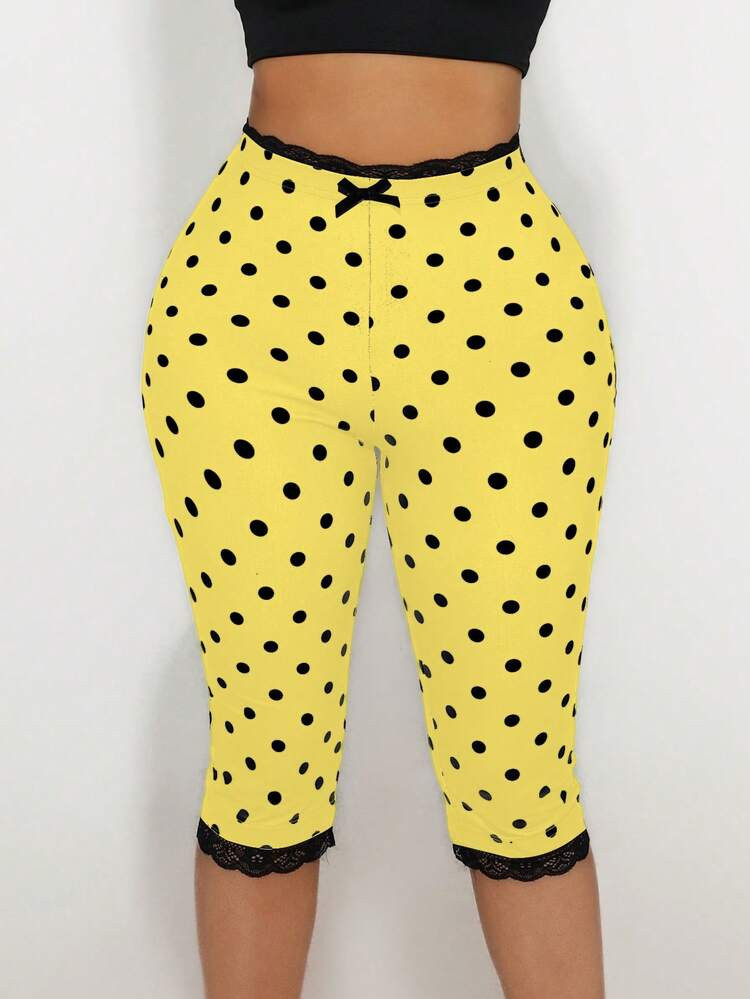 Sirith Women's Lace Trim Bow Decor Black & White Polka Dot Leggings | SHEIN