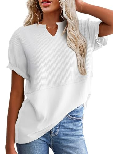 SHEWIN Womens Tops Trendy 2025 Solid Color V Neck Waffle Knit Top Summer Short Sleeve Tee Shirt Loose Fit Tshirts Shirts for Women,US 8-10(M),White | Amazon (US)