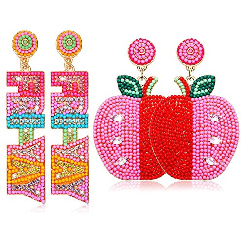 2 Pairs Teacher Earrings for Women, Beaded Fri-Yay Pencil Earrings Drop Dangle Earrings Teacher Appreciation Gifts Teacher Jewelry Gifts (FRI-YAY&Apple) | Amazon (US)