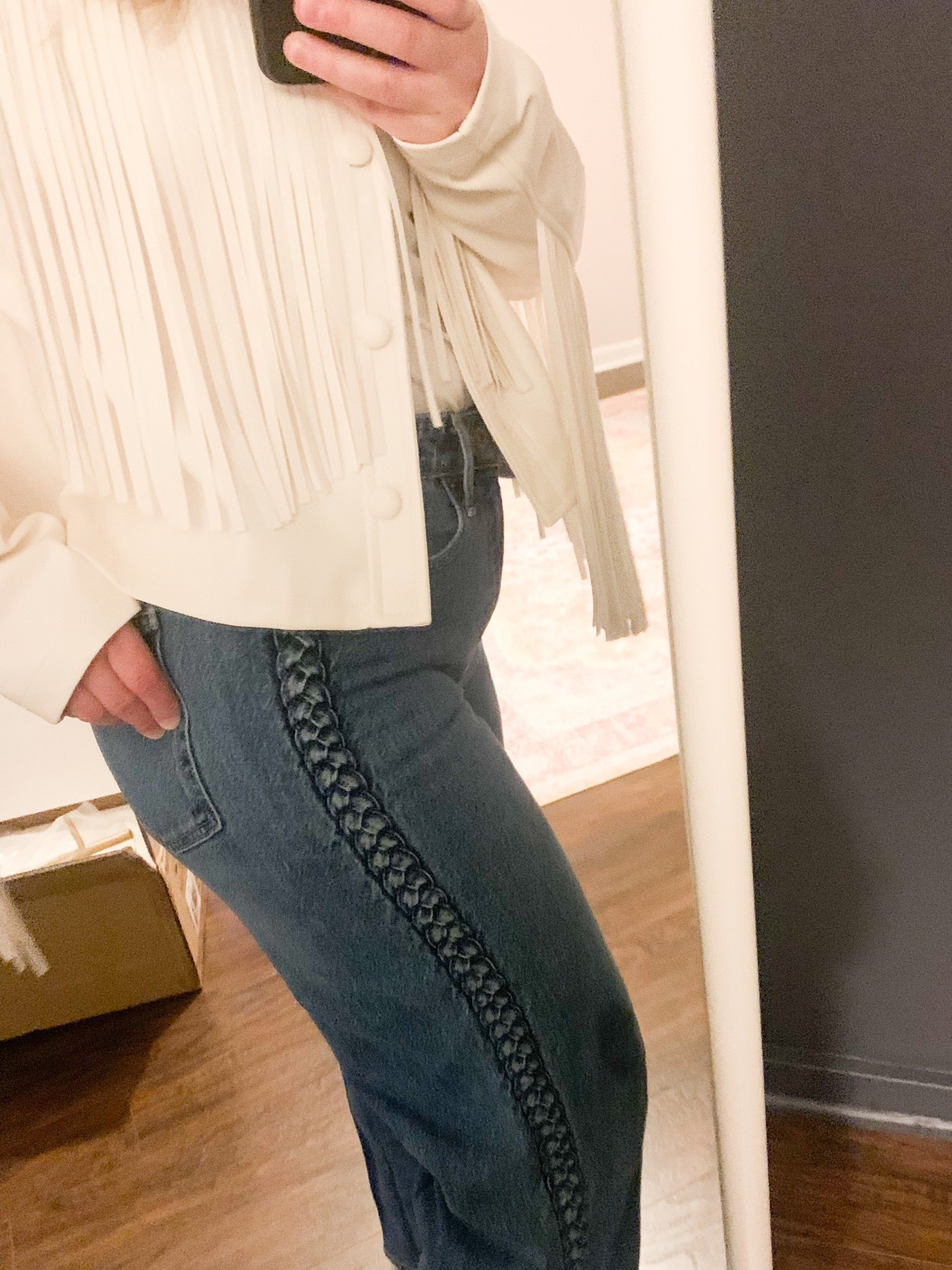 Petite braided jeans are currently 40% off! Paired with this old Target fringe jacket and red shoes for an easy outfit today. 

#LTKOver40 #LTKPetite #LTKSaleAlert