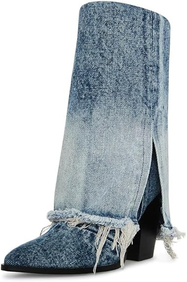 MUCCCUTE Women's Denim Boots Cowboy Western Fold Over Cowgirl Boots Chunky Stacked Heel Pointed T... | Amazon (US)