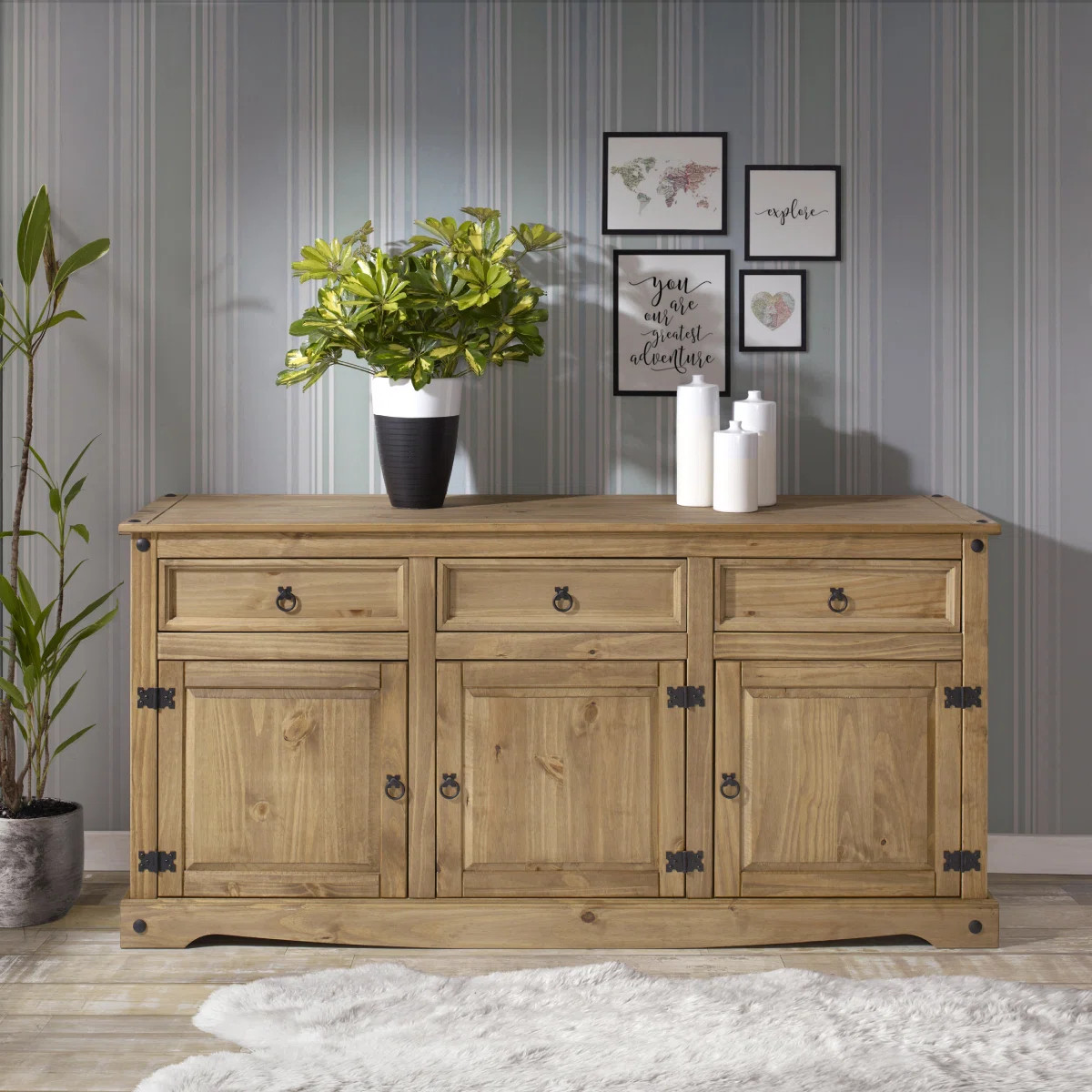 Gracie Oaks Corona 65.91" Wide 3 Drawer Pine Solid Wood Sideboard & Reviews | Wayfair | Wayfair North America