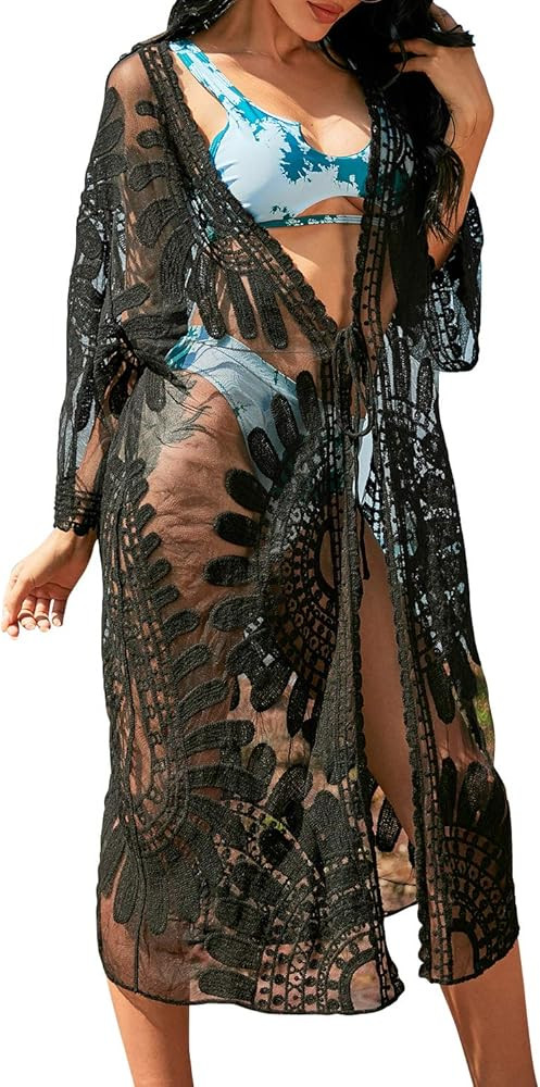 Blooming Jelly Womens Bathing Suit Cover Up 3/4 Sleeve Mesh Swimsuit Coverup Long Floral Beach La... | Amazon (US)