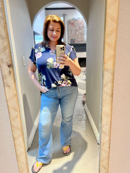 Floral t-shirt top with v neck and cute sleeves with boot cut jeans and flip flops.

#LTKcurves #LTKxPrimeDay #LTKunder50