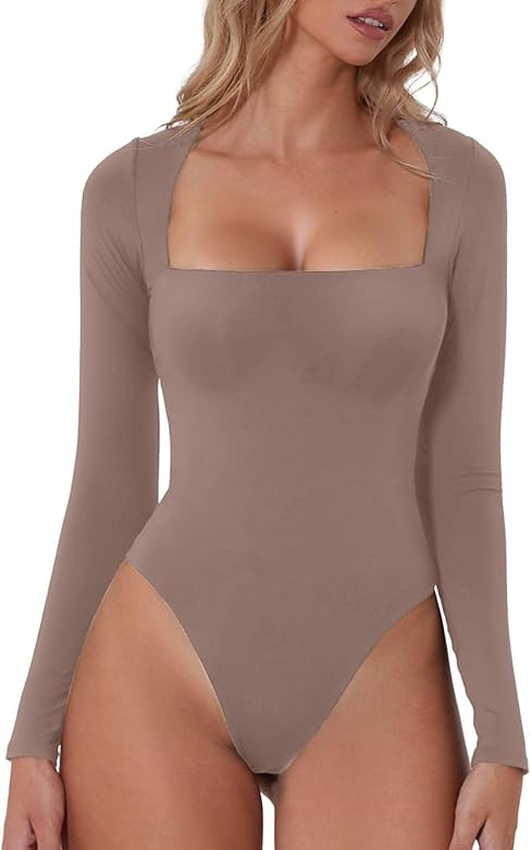 QINSEN Women's Sexy Square Neck Bodysuit Long Sleeve Double Shirt Tops | Amazon (US)