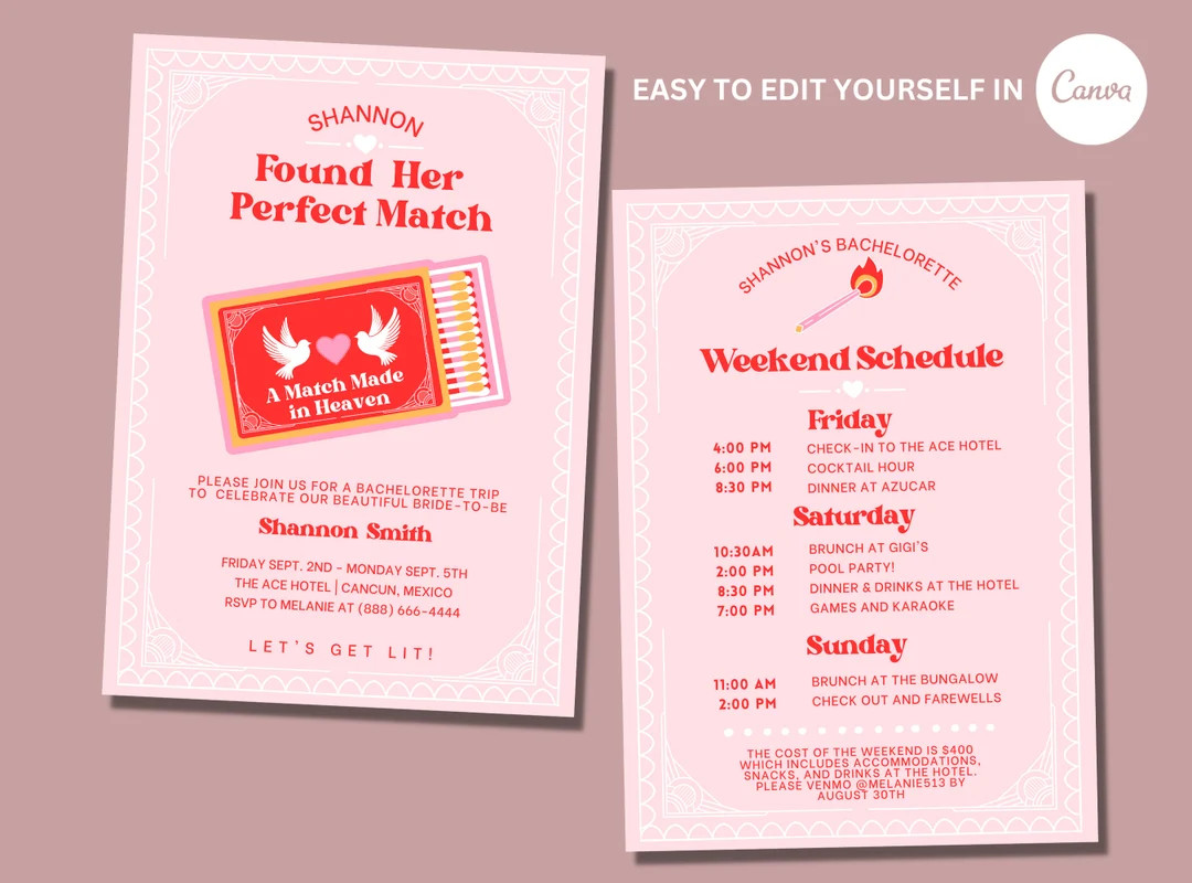 Perfect Match Retro Bachelorette Invite and Itinerary // Editable Template Canva // Digital or Pr... | Etsy (US)