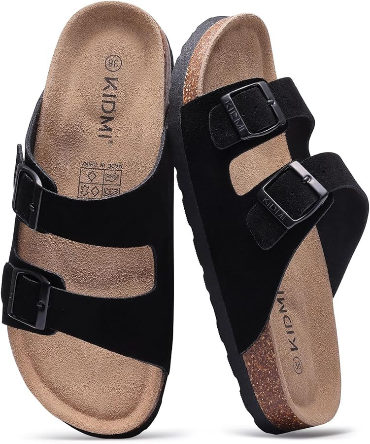 KIDMI Unisex Genuine Suede Summer Sandals Arch Support Cork Footbed Slide Sandals with Double Adj... | Amazon (US)