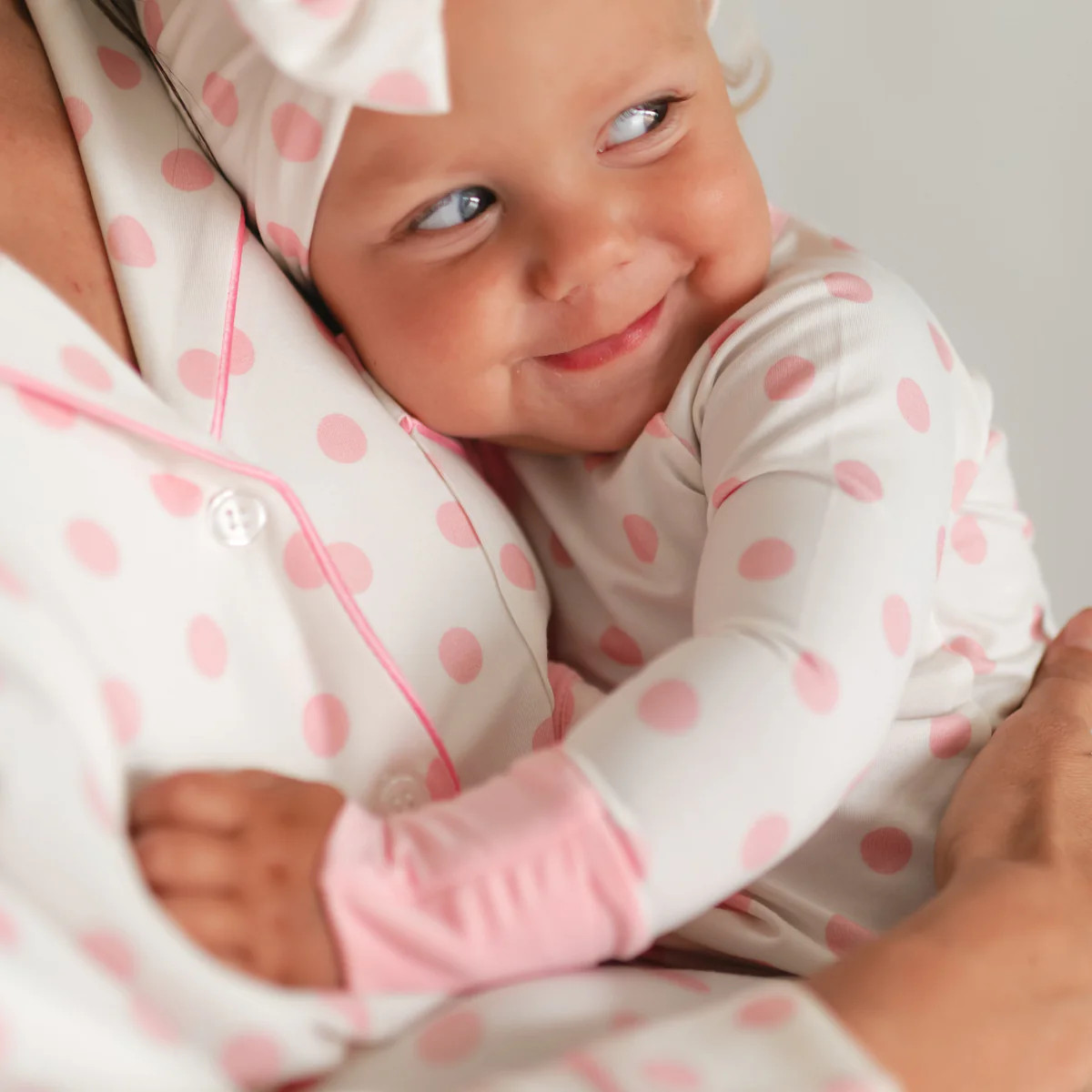 Infant Knot Head Bow in White & Pink Polka Dots | Silks Design