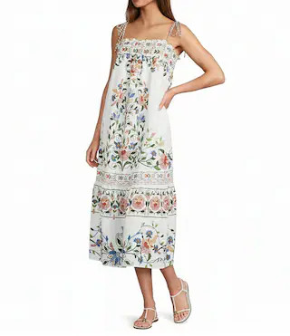 Farm Rio Stitched Garden Print Tie Shoulder Dress | Dillard's | Dillard's
