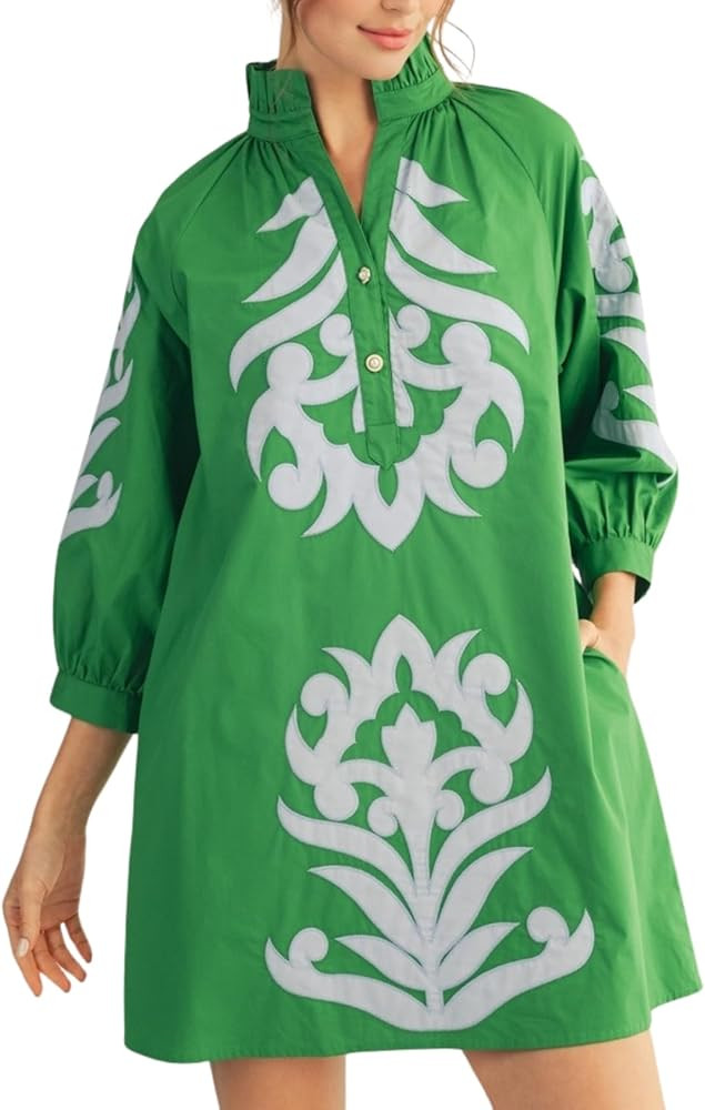 Womens Floral Embroidered Applique Mini Summer Dress 3/4 Puff Sleeves Ruffled V Neck Loose Casual... | Amazon (US)