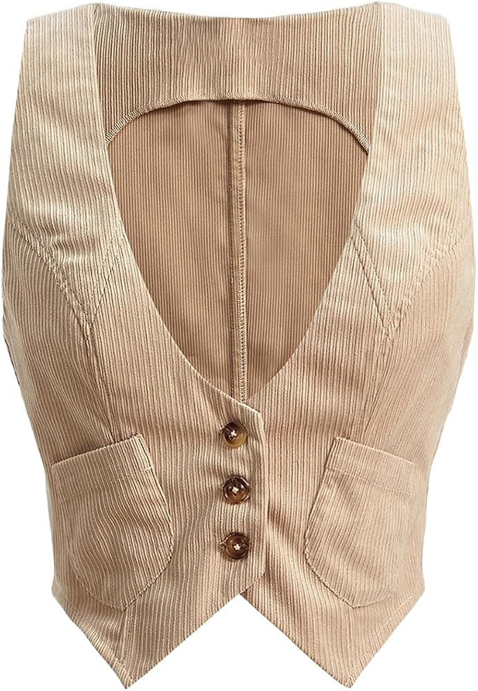 Verdusa Women's Button Front Scoop Neck Sleeveless Patch Pocket Crop Vest Blazer Jacket | Amazon (US)