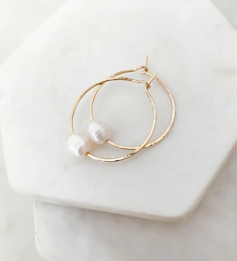 14k gold filled hoop earrings with pearls, pearl hoop earrings, pearl hoops, hoops with pearls, g... | Etsy (US)