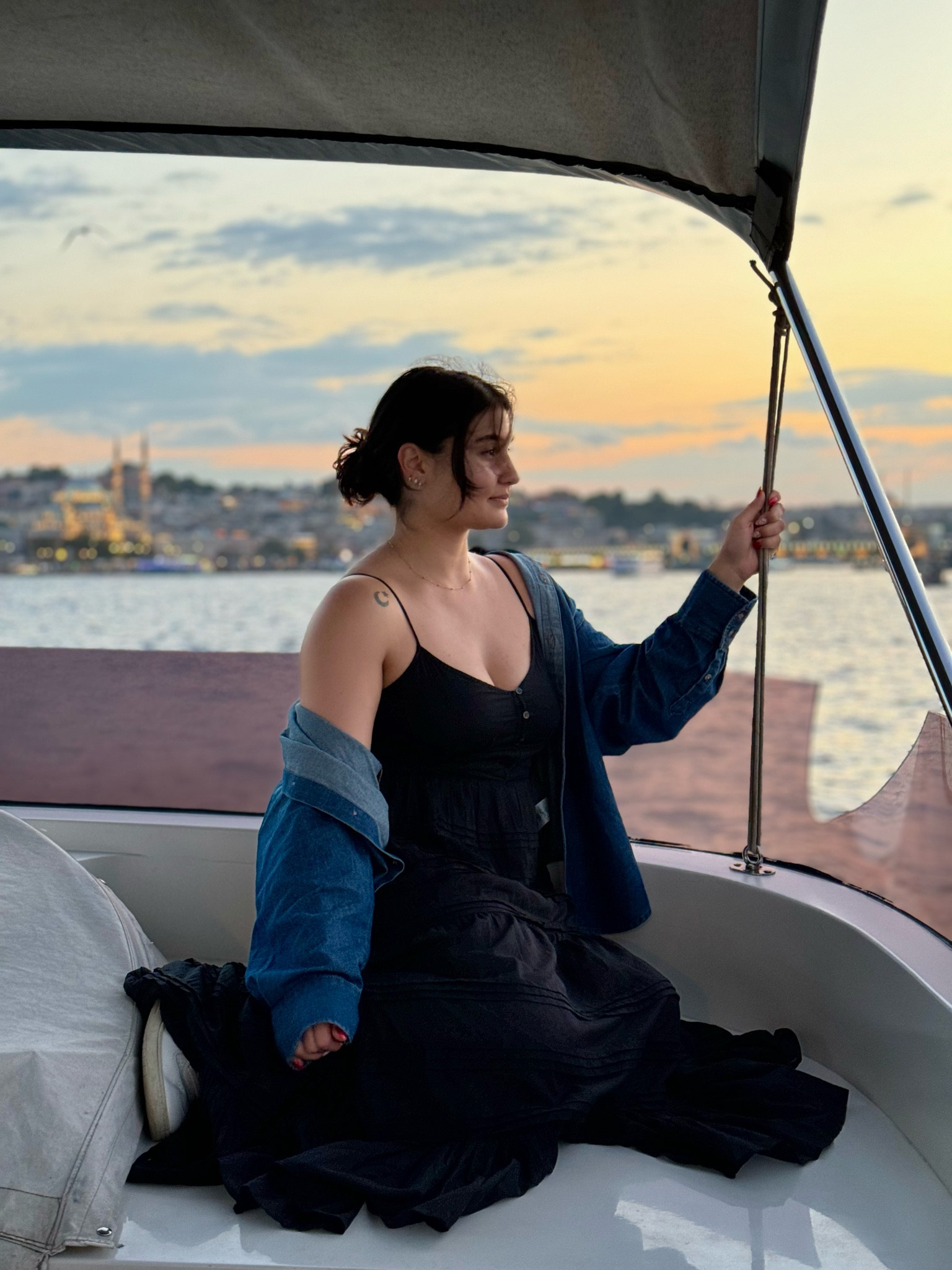 Flowy black dress size M 
Over sized denim jacket (light and super useful for fall!) 

Wore this on a boat ride in Istanbul!!

#LTKTravel #LTKStyleTip