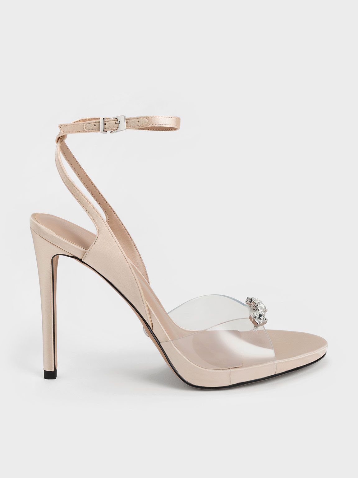 Nude Gem-Encrusted Ankle Strap Clear Sandals | CHARLES &amp; KEITH | Charles & Keith US
