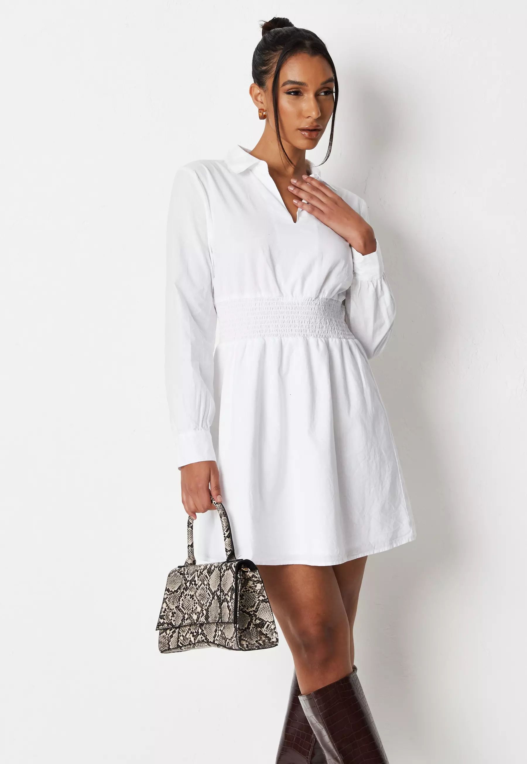 White Poplin Shirred Waist Shirt Dress | Missguided (UK & IE)