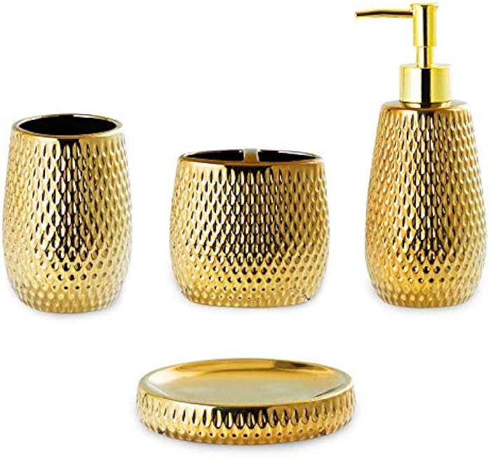 Gold Bathroom Accessory Set 4 Piece Ceramic Bath Accessories Sets Complete, Rain- Drop Shaped Bat... | Amazon (US)