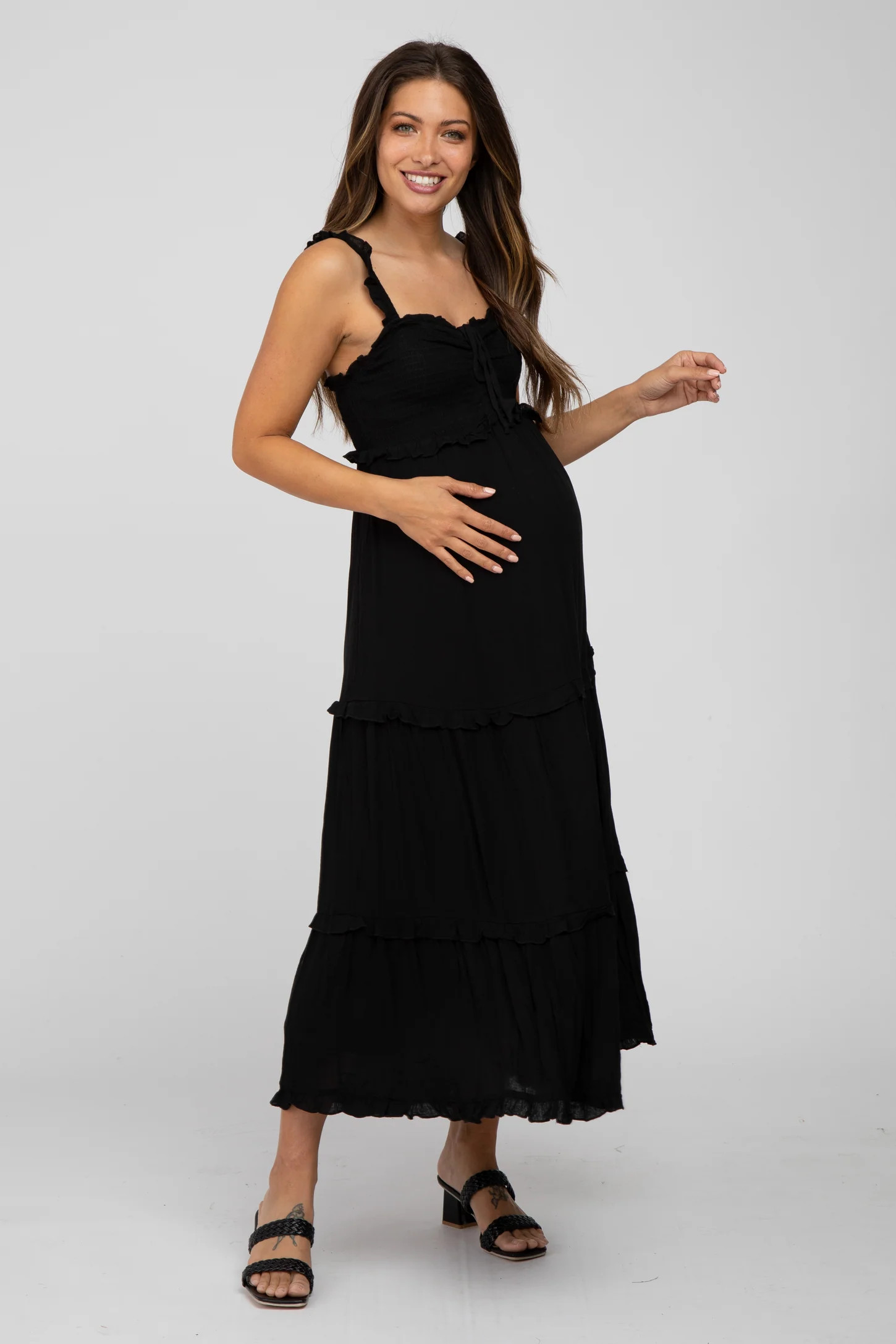 Black Ruffle Accent Maternity Midi Dress | PinkBlush Maternity