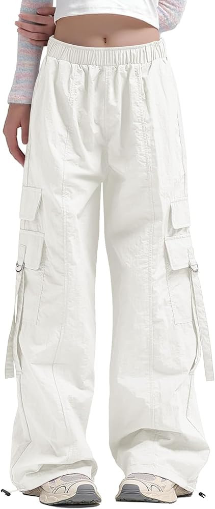 Haloumoning Girls Parachute Pants Kids Wide Leg Cargo Pants Y2K Street Trousers with Pockets 5-14... | Amazon (US)