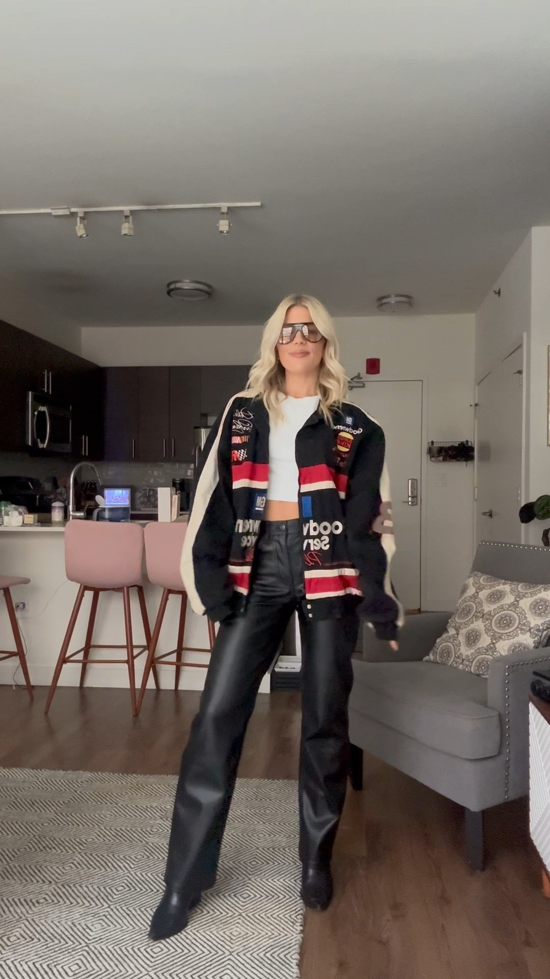 Leather pants and a crop with vintage nascar jacket 