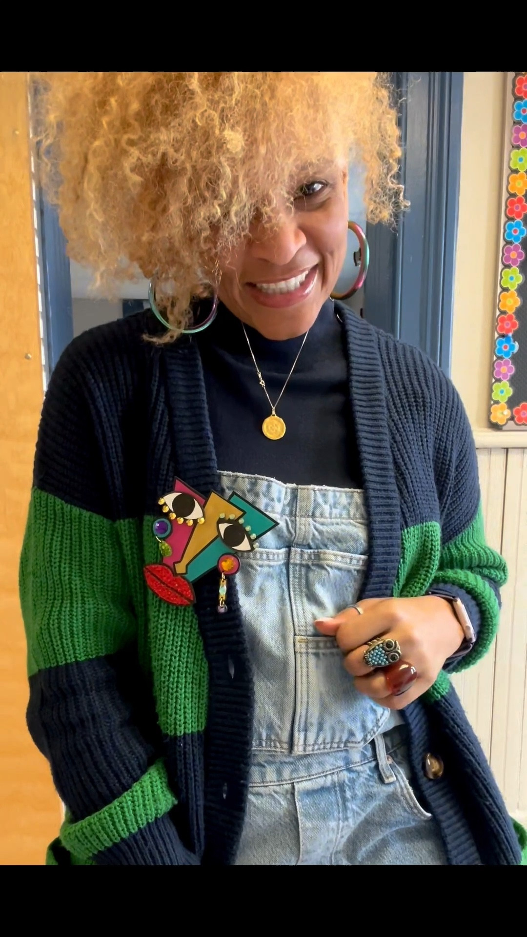 It’s Friday! Nothing like rocking my cozy outfit on a chilly day! 🌬️ Today’s vibe is all about warmth and color, especially thanks to this stunning brooch from @nicole.camille.designs It’s artistic, vibrant, and adds just the right pop to my outfit! 🎨❤️ Absolutely LOVE it! 🫶

With this weather giving us a little sunshine and then turn right back around to deliver more snow, rain, and wind… I’m embracing every colorful moment. Here’s to a few nice days before winter comes back to fight dirty! 😂🌦️ 

#OOTD #FridayVibes #Fashion  #styleinspo #teachersofinstagram

Sweater: @Target  @lalignenyc 
Overall: @freepeople
Turtleneck: @jcrew
Bag: @freepeople
Sneakers: @seavees

#LTKOver40 #LTKootd #LTKWorkwear