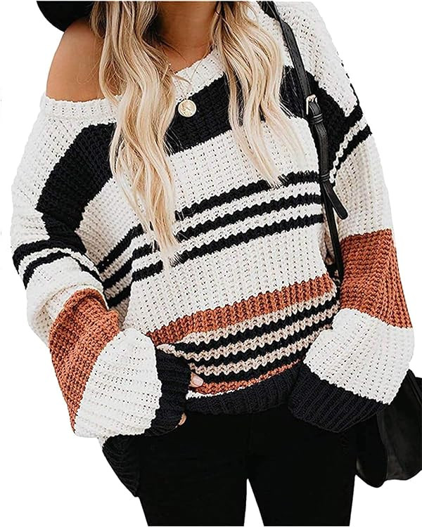 ZESICA Women's 2024 Fall Long Sleeve Crew Neck Striped Color Block Casual Loose Knitted Pullover ... | Amazon (US)