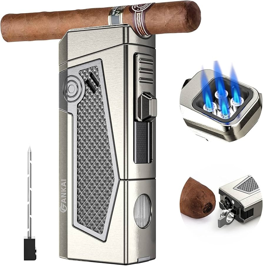 FANKAI Cigar Lighter 4 Torch Jet Flame, Cigar Punch & Holder, Cigar Draw Enhancer, Refillable Tor... | Amazon (US)