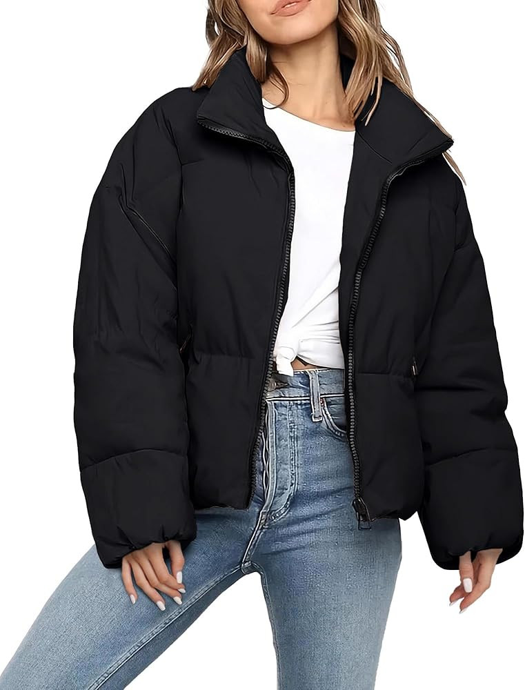 Women’s Cropped Puffer Jacket Long Sleeve Winter Puffy Coat Short Warm Casual Quilted Jackets | Amazon (US)