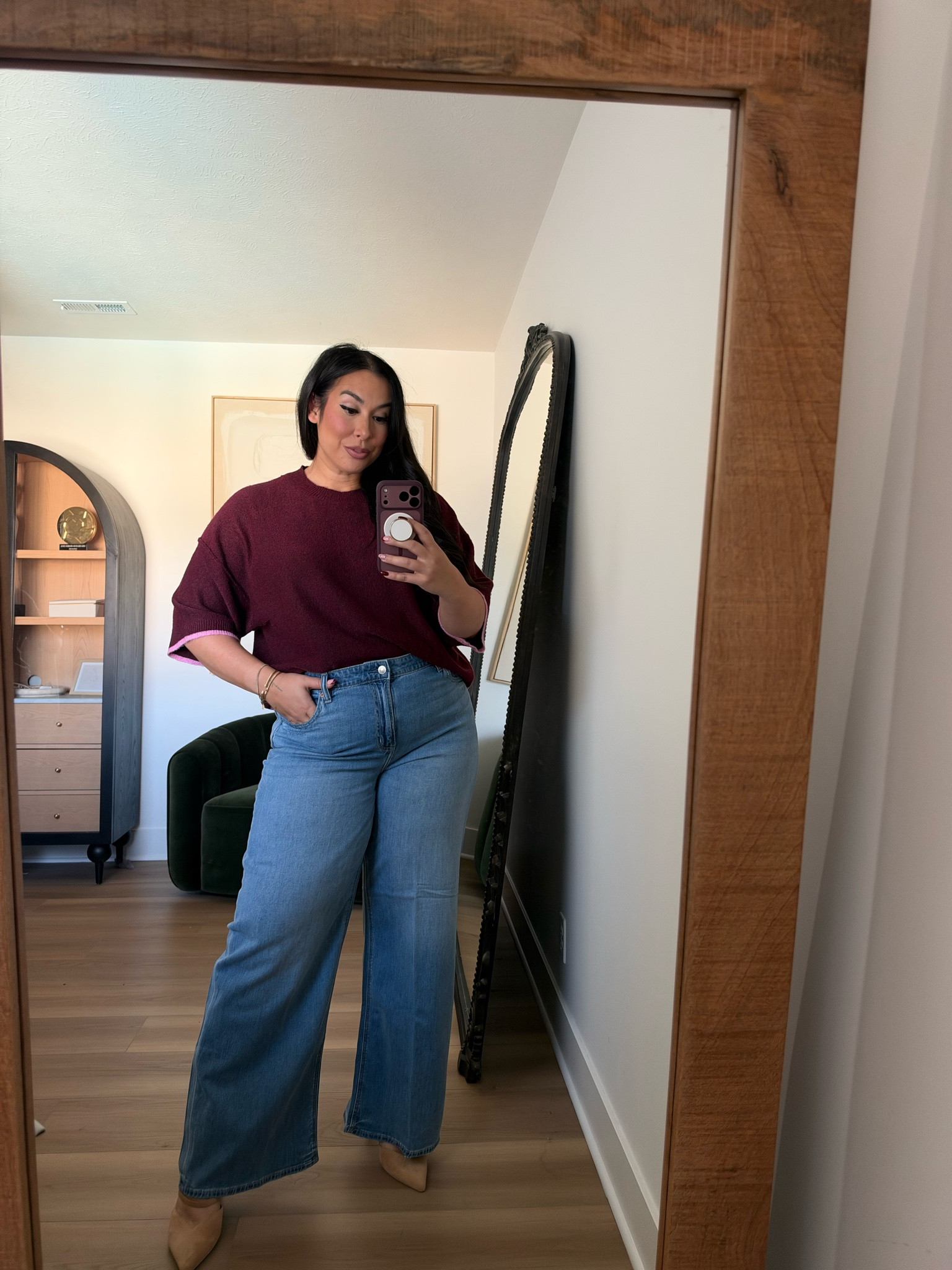 I am loving this wine color for fall! I also love the accent color on the sleeves. It gives great contrast and a fun pop of color! Wearing a 16 long on the bottom and an XL on top. Midsize, midsize fashion, fall fashion, american eagle 

 #LTKootd #LTKMidsize