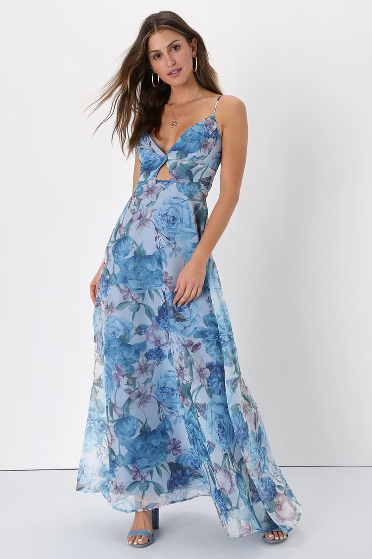 Enchanting Entrance Blue Floral Organza Keyhole Maxi Dress | Lulus