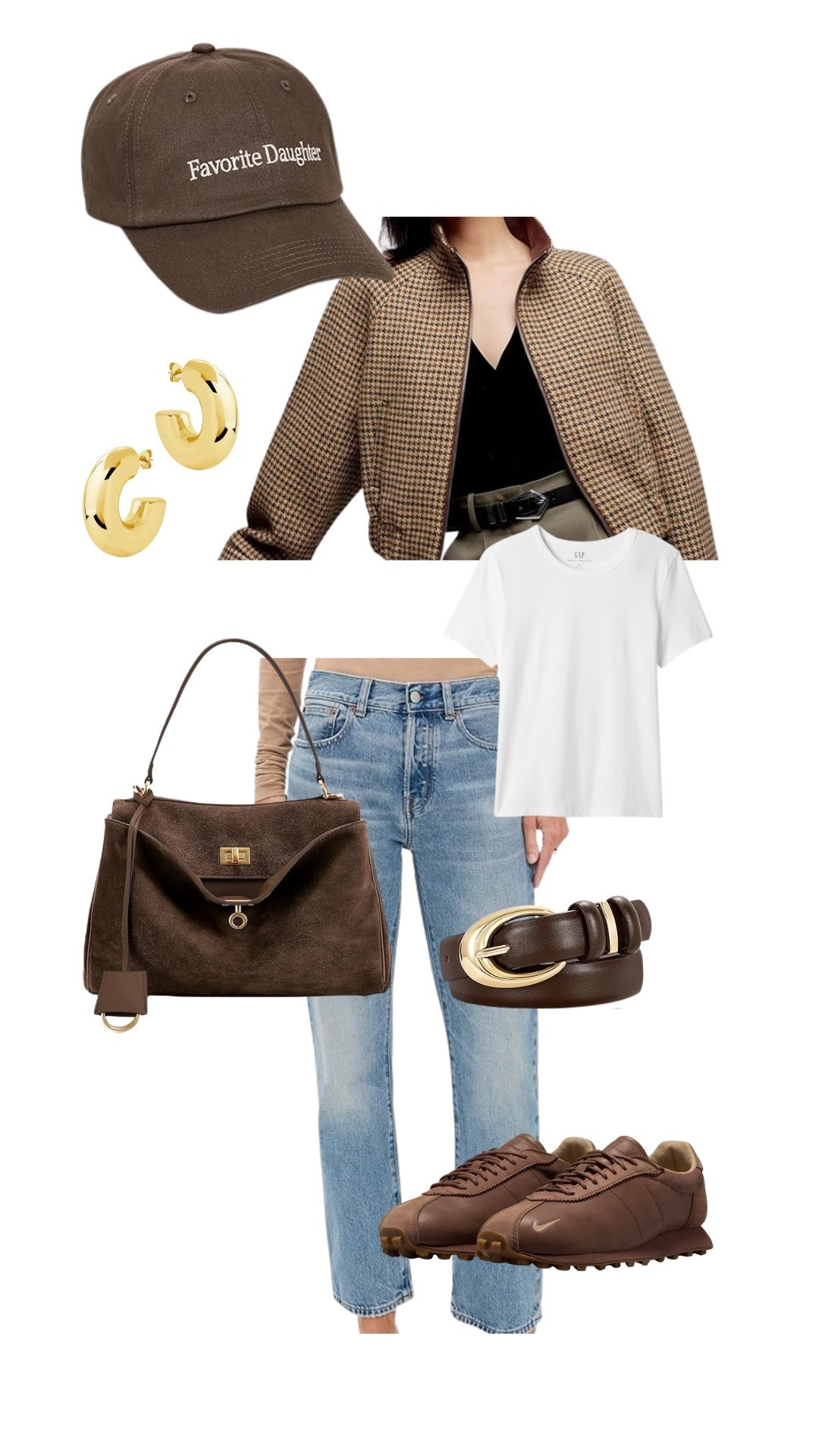 Stepping into moody fall neutrals with this effortlessly chic brown and cream everyday outfit. The houndstooth jacket, classic white tee, and relaxed straight-leg denim make the perfect elevated base—then I layered in rich textures like a suede shoulder bag, leather belt, and my go-to brown sneakers for that quiet-luxury vibe. Finished with minimal gold hoops and a tonal Favorite Daughter baseball cap for the ultimate polished-casual look.
This is the kind of styling that feels timeless, pulled-together, and wearable for school drop-off, errands, or a cozy coffee date. 🍂✨

Hashtags:
#FallOutfitInspo #EverydayStyle #NeutralOutfit #CasualChicStyle #FallFashion2025 #StreetStyleInspo #QuietLuxuryStyle #AmazonFindsFashion #OutfitIdeasForWomen #ClassicStyleWithATwist

#LTKootd #LTKStyleTip #LTKPetite