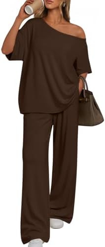Trendy Queen Womens 2 Piece Lounge Sets Airport Travel Casual Outfits Off Shoulder Oversized Tshi... | Amazon (US)