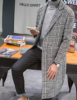 Uaneo Men's Casual Notch Lapel Single Breasted Plaid Mid Long Trench Pea Coat | Amazon (US)