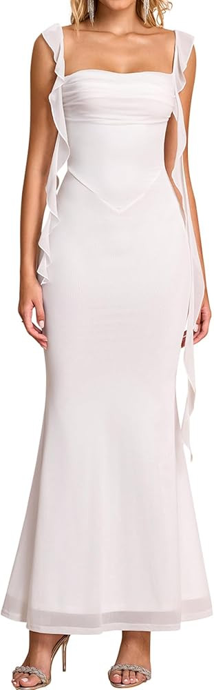 KUTUMAI Elegant Long Formal Wedding Guest Dresses for Women Ruffle Bodycon Cocktail Party Maxi Dr... | Amazon (US)