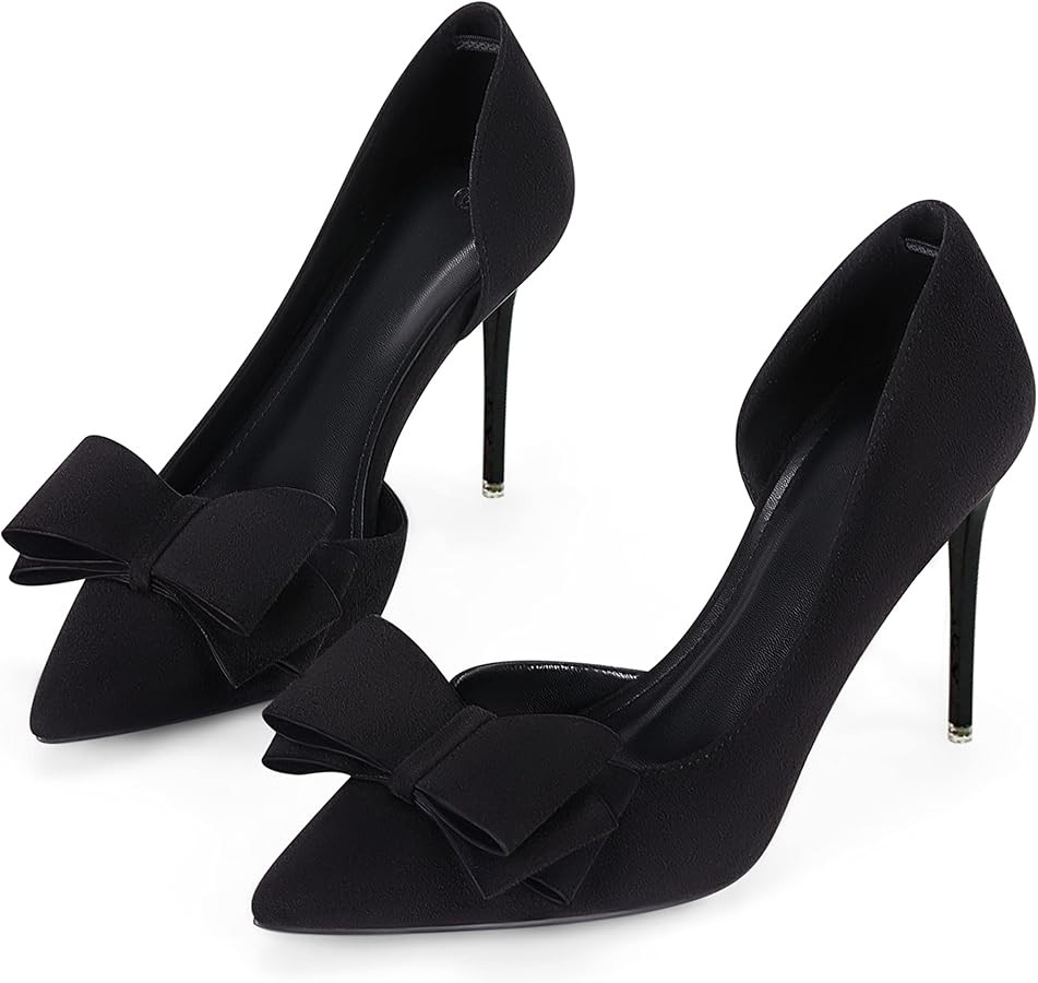 Womens Bow Heels Closed Pointed Toe Dress Shoes Stiletto Slip on Wedding Pumps | Amazon (US)