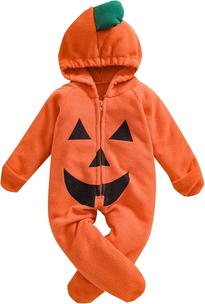 Newborn Baby Boy Girl Pumpkin Hoodied Romper Long Sleeve One Piece Full Zip Footed Jumpsuit Coat Hal | Amazon (US)