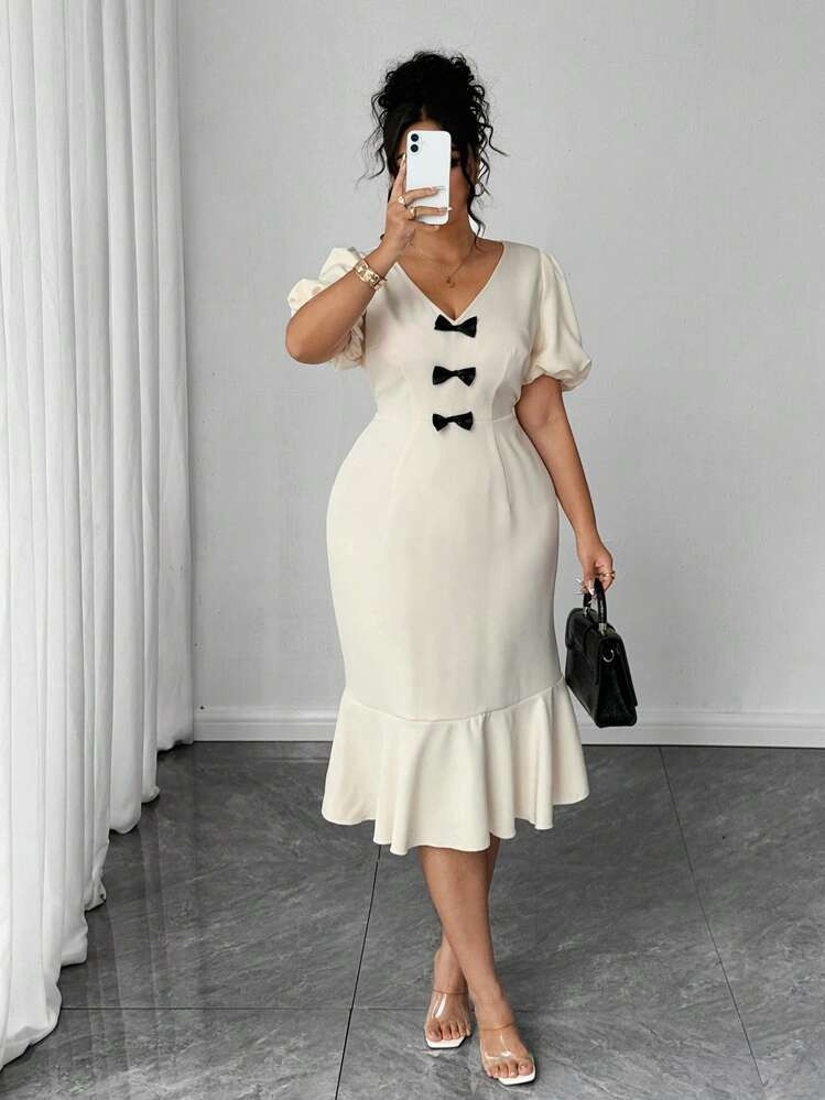 Elenzga Plus Size Women's Black Bow Decor Ruffle Trim Puff Sleeve Elegant Dress | SHEIN